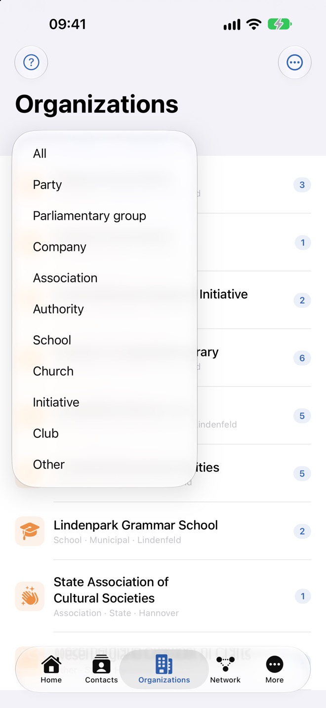Filtro «Tipo» con todos los tipos de organización para elegir