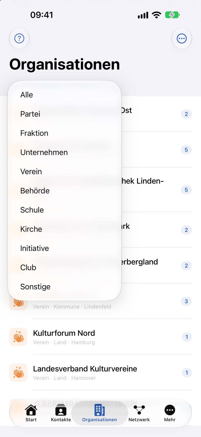 Filter „Typ“ mit allen Organisationstypen zur Auswahl