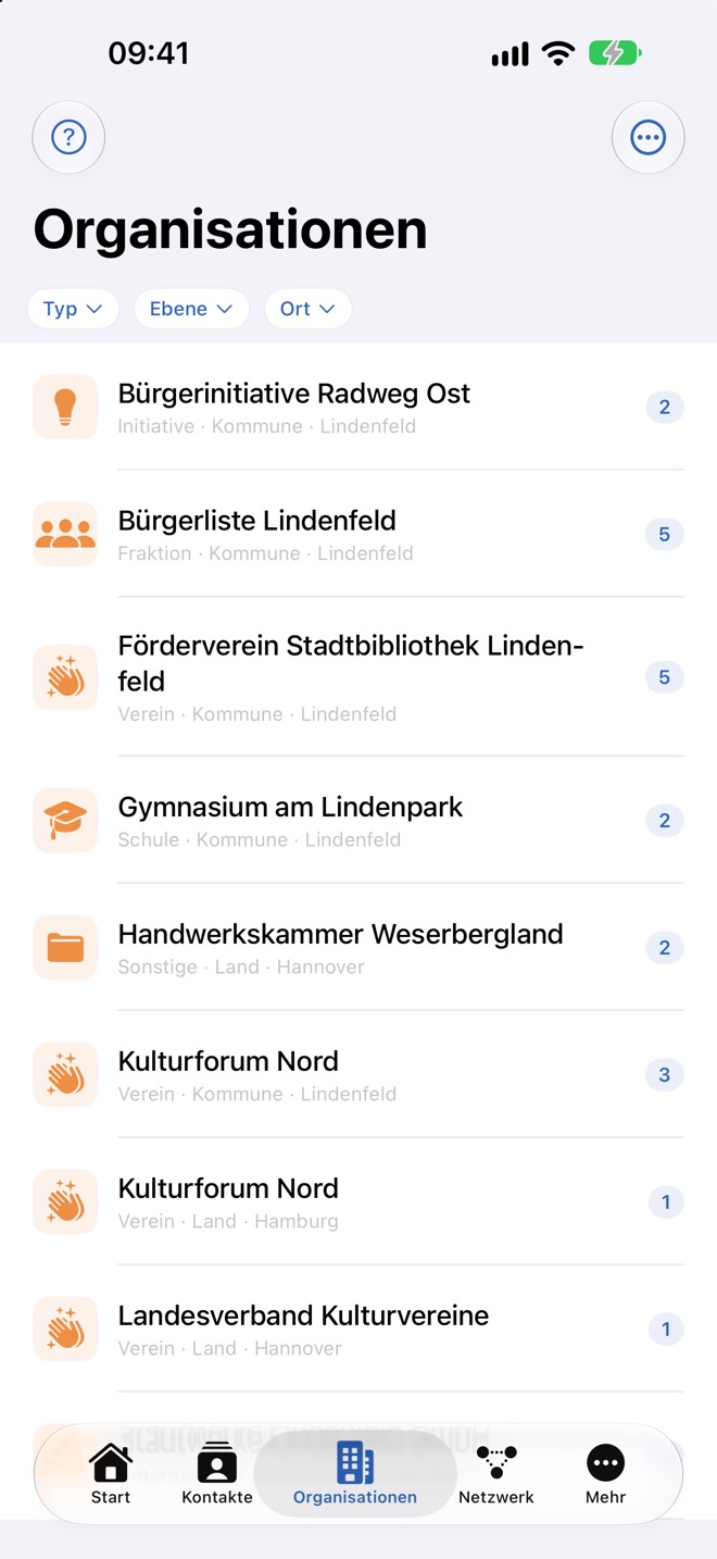 Organisationsliste mit Typ, Ebene, Ort und Mitgliederzahl je Zeile