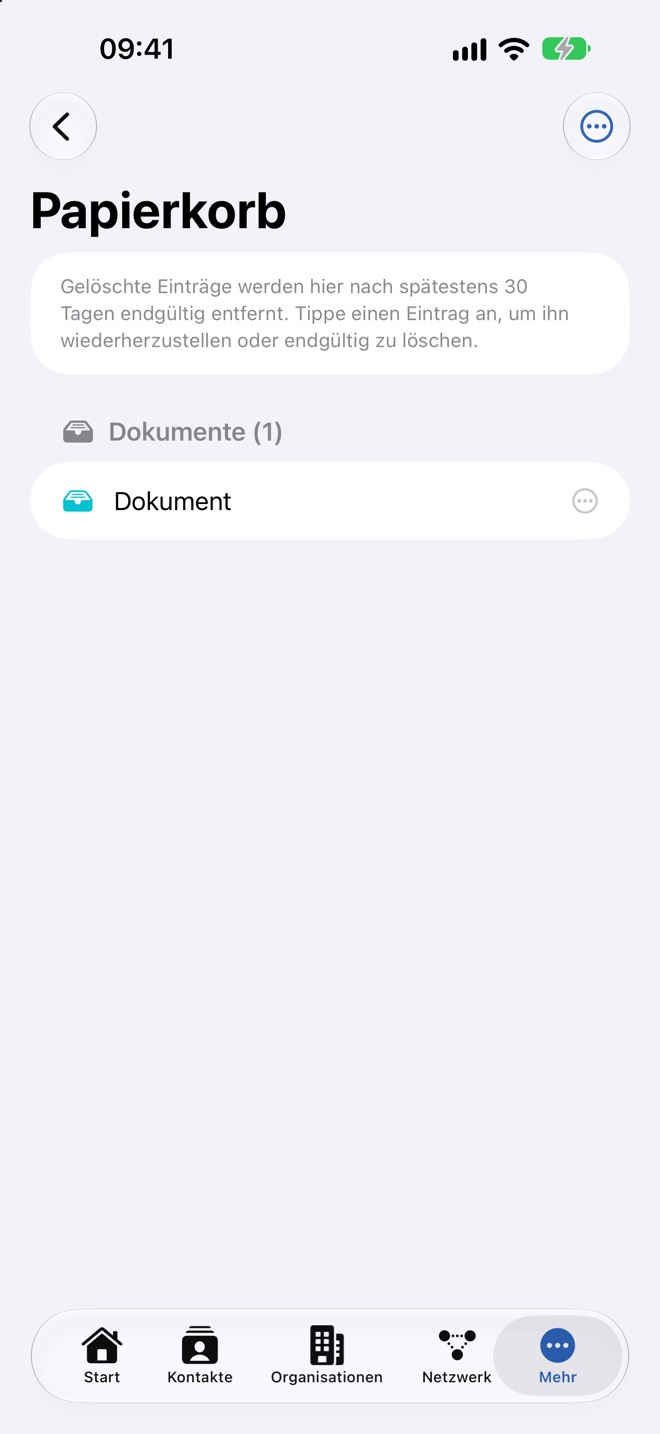 Papierkorb mit einem gelöschten Dokument und dem Menü „…“