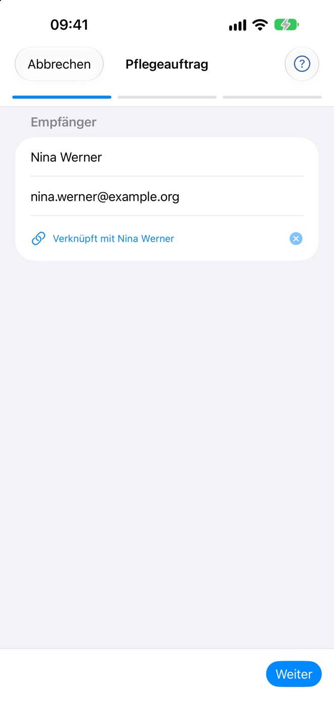 Empfänger mit Name und E-Mail, verknüpft mit einem Linknor-Kontakt