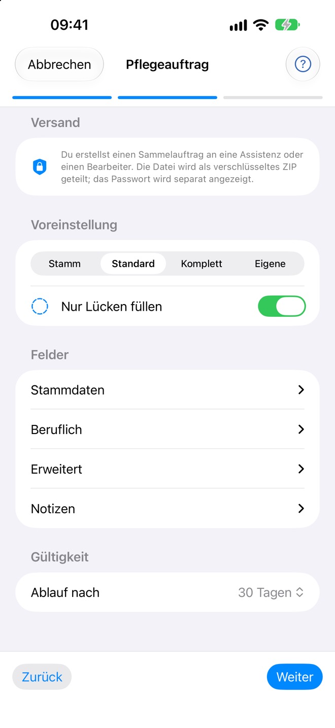 Zweiter Schritt mit Versand, Voreinstellung, Feldern und Gültigkeit