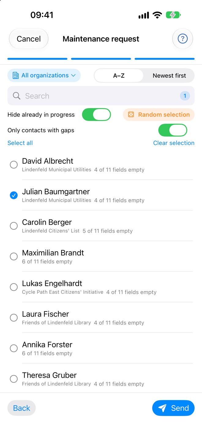 Sélection des contacts avec filtres, sélection aléatoire et le bouton « Envoyer »