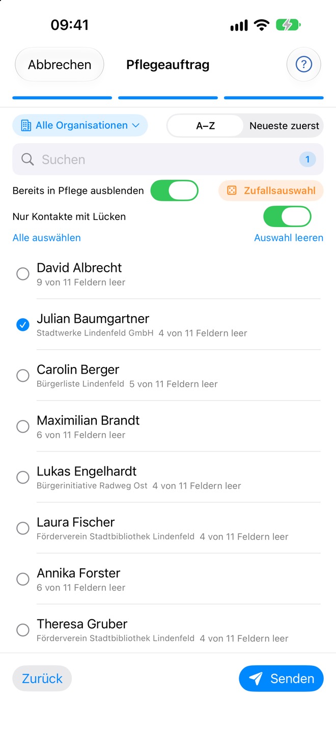 Kontaktauswahl mit Filtern, Zufallsauswahl und dem Knopf „Senden“