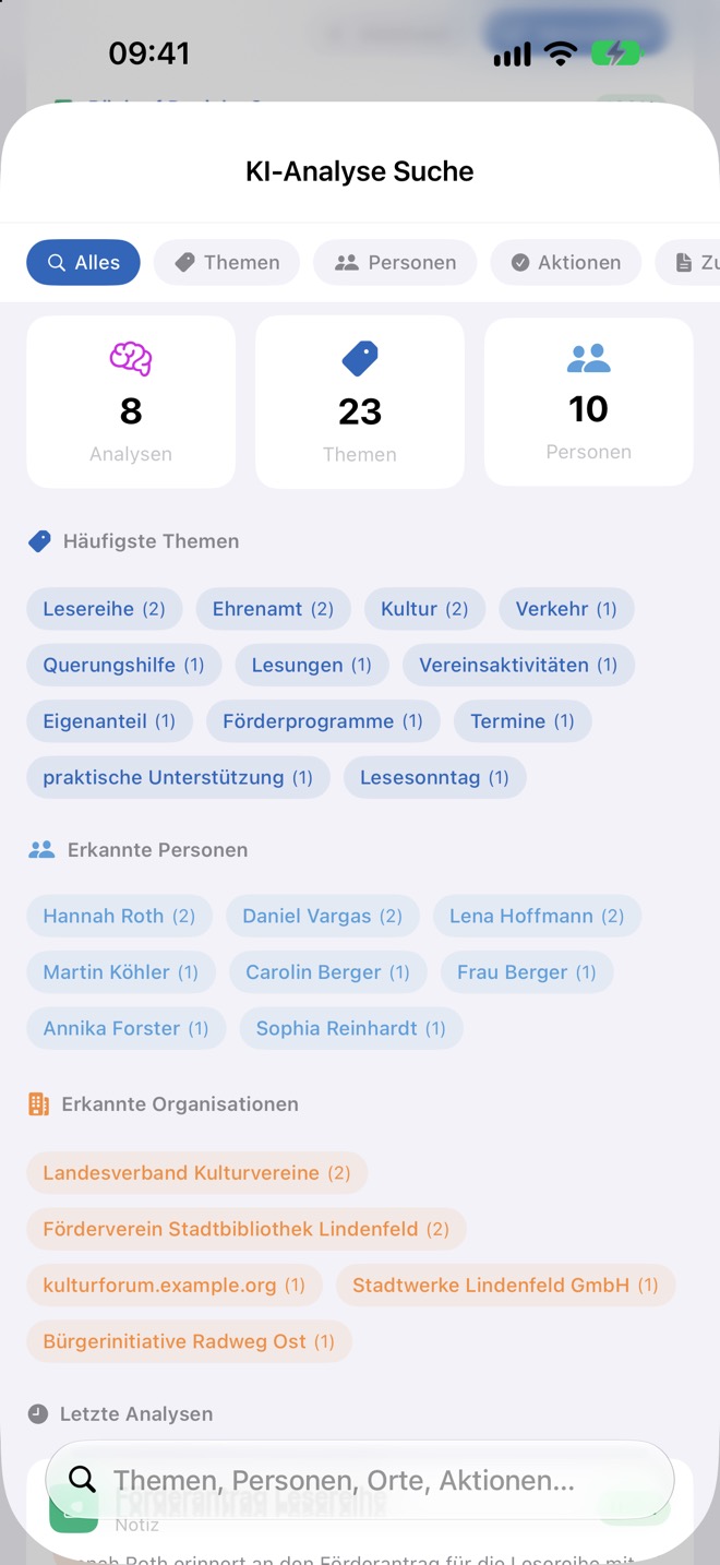 KI-Analyse-Suche mit Kennzahlen, häufigsten Themen und erkannten Personen