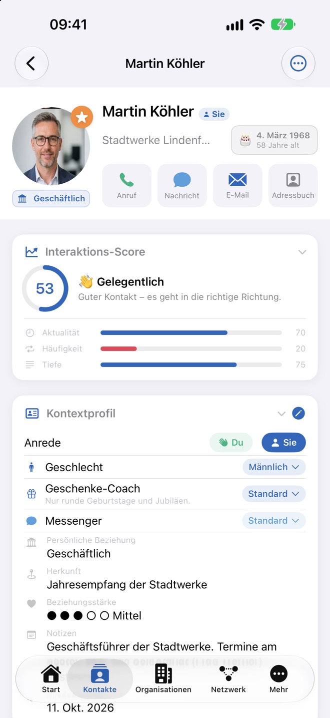 Profilkopf mit Foto, Favoritenstern, Geburtstag und den vier Aktionsknöpfen