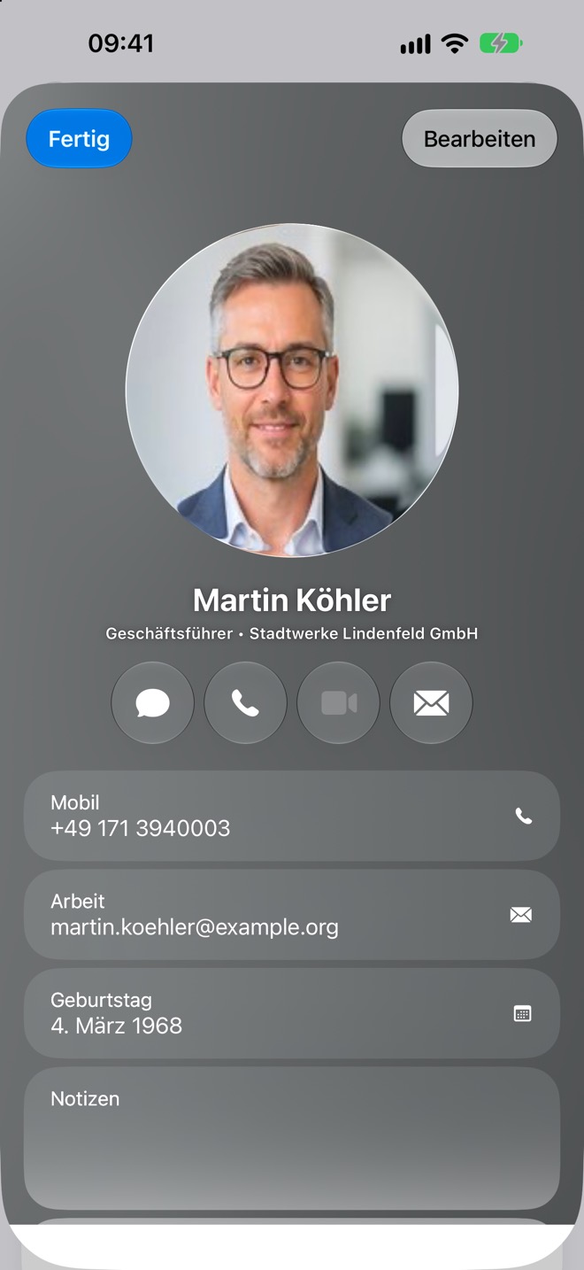 Kontaktkarte aus dem Apple-Adressbuch mit dem Knopf „Bearbeiten“