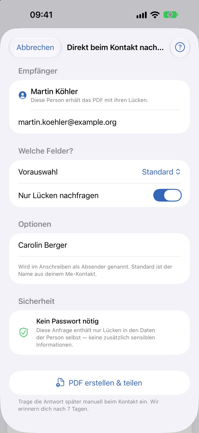 Blatt „Direkt beim Kontakt nachfragen“ mit Feldauswahl und Sicherheit