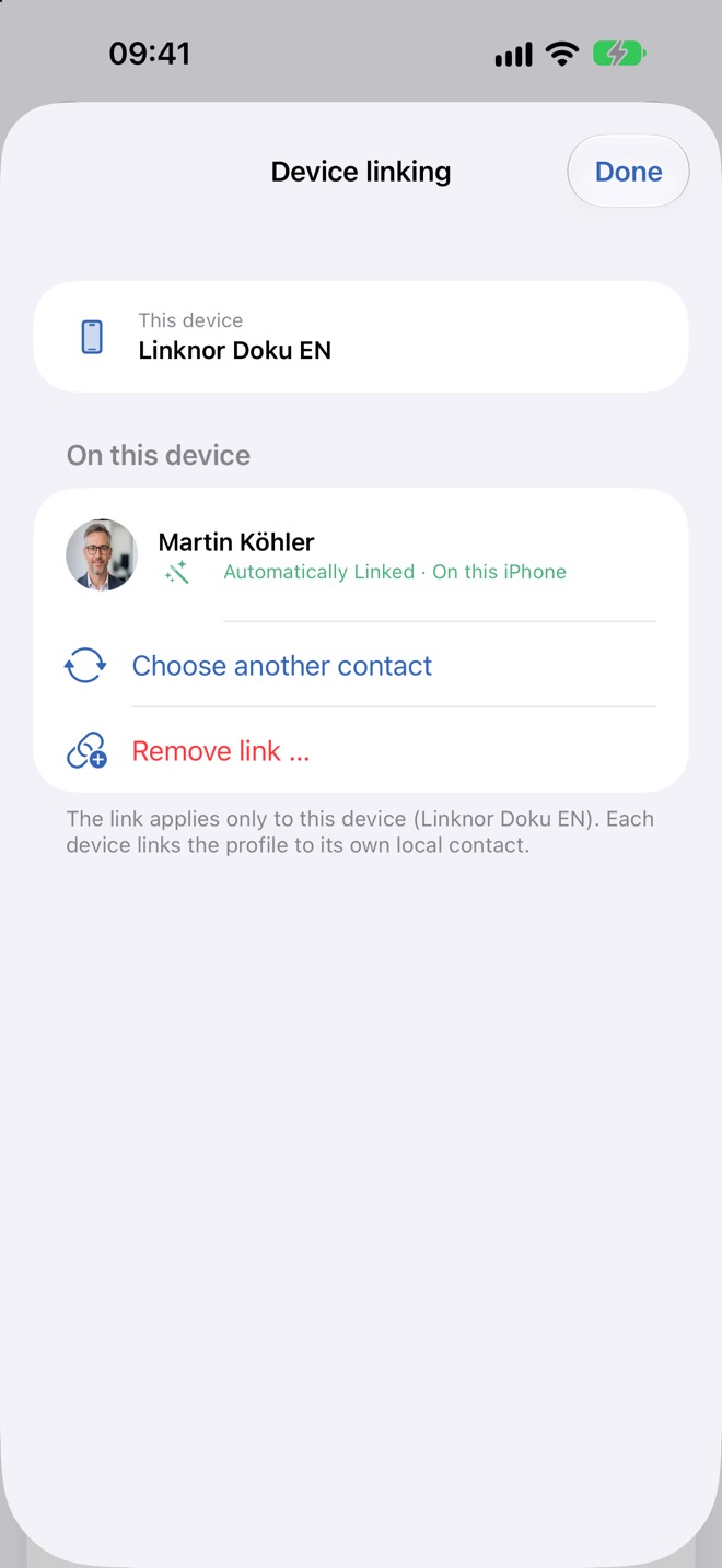 Collegamento dispositivi con un contatto collegato automaticamente su questo iPhone