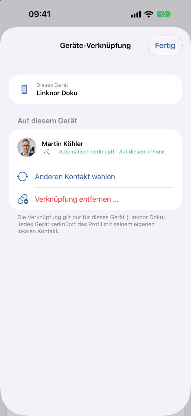 Geräte-Verknüpfung mit automatisch verknüpftem Kontakt auf diesem iPhone