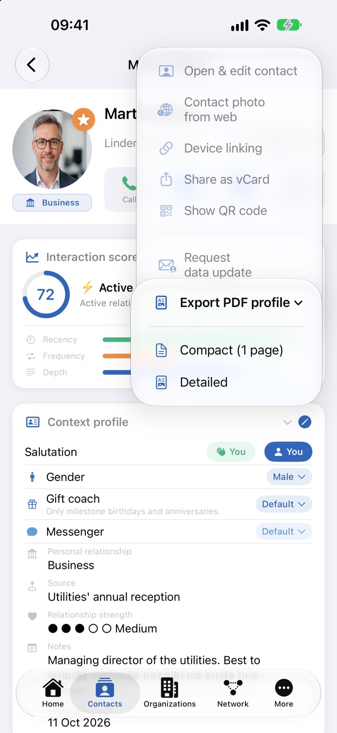 Sottomenu «Esporta profilo PDF» con compatto e dettagliato