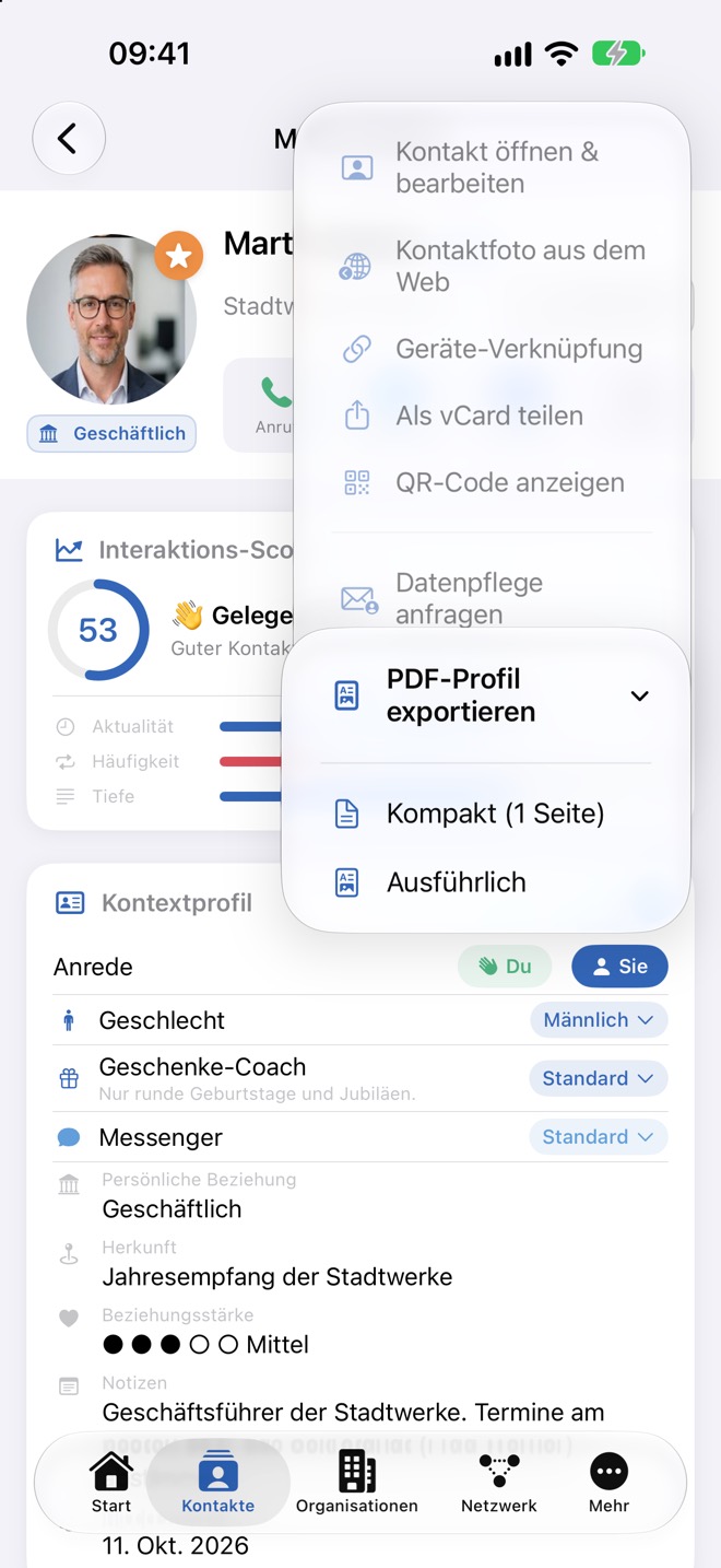 Untermenü „PDF-Profil exportieren“ mit Kompakt und Ausführlich