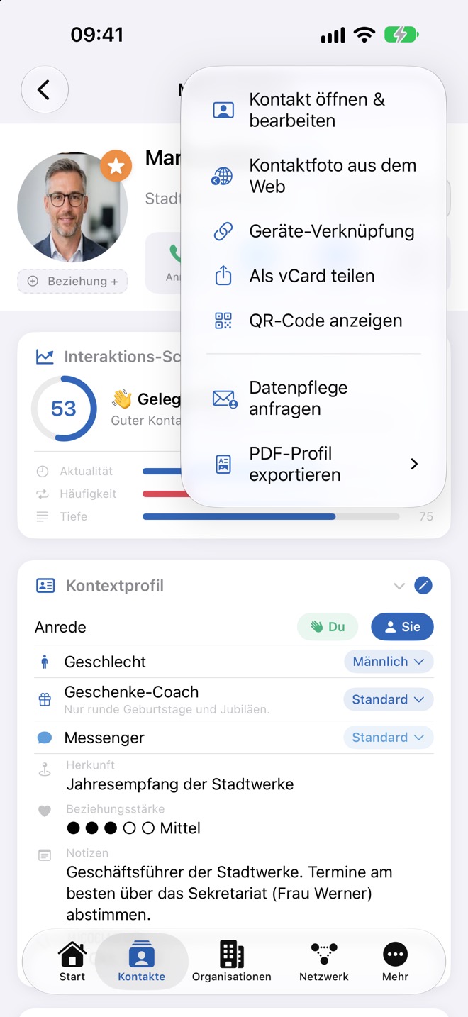 Geöffnetes Menü „…“ mit allen Funktionen des Profils