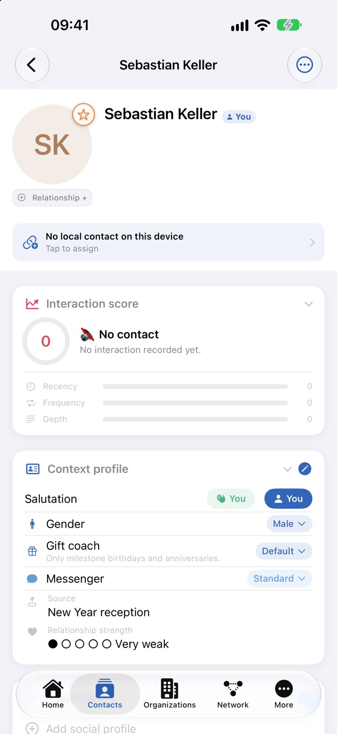 Profil avec le message « Aucun contact local sur cet appareil »
