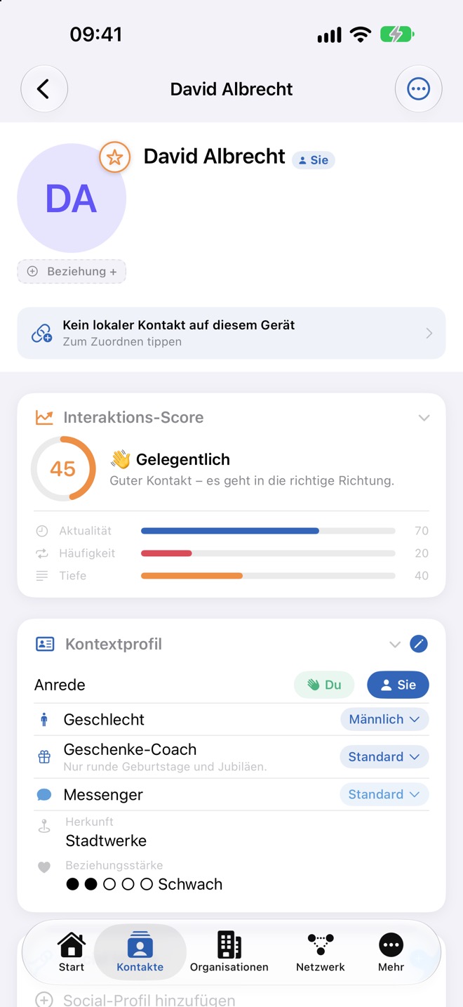 Profil mit dem Hinweis „Kein lokaler Kontakt auf diesem Gerät“