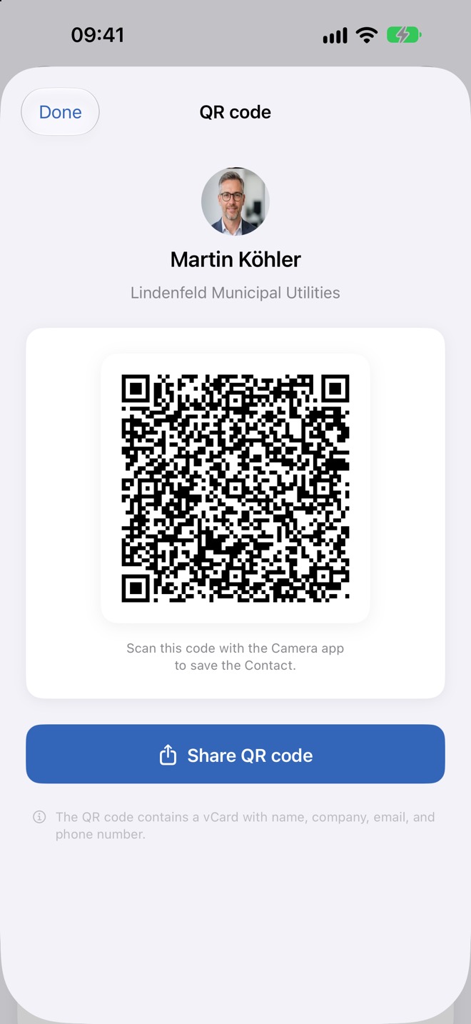 Codice QR con i dati di contatto e il pulsante «Condividi codice QR»
