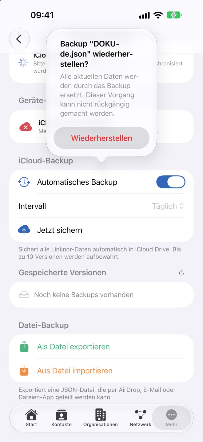 Rückfrage vor dem Wiederherstellen einer Backup-Datei