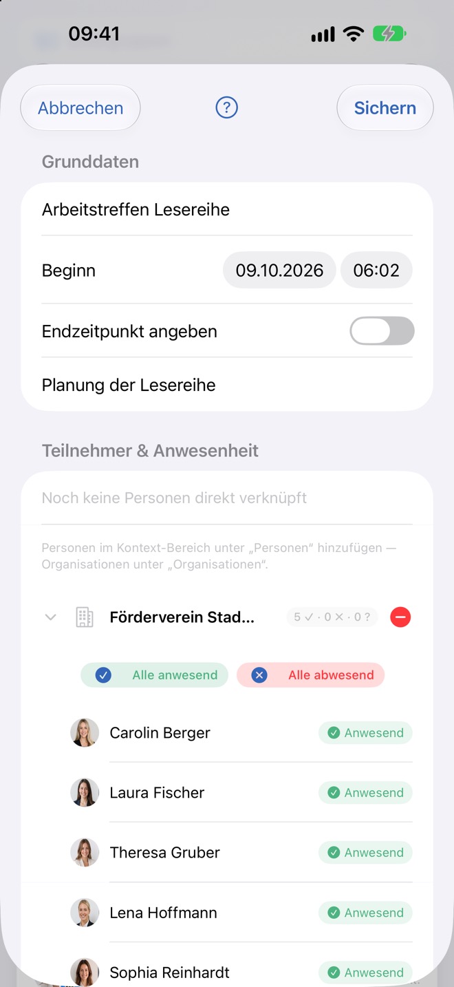 „Sitzung erfassen“ mit vorbelegter Organisation und ihren Mitgliedern