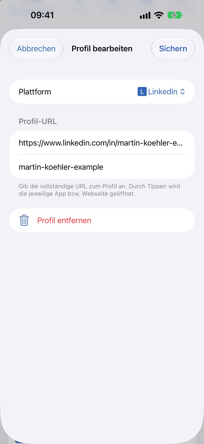 Blatt „Profil bearbeiten“ mit „Profil entfernen“