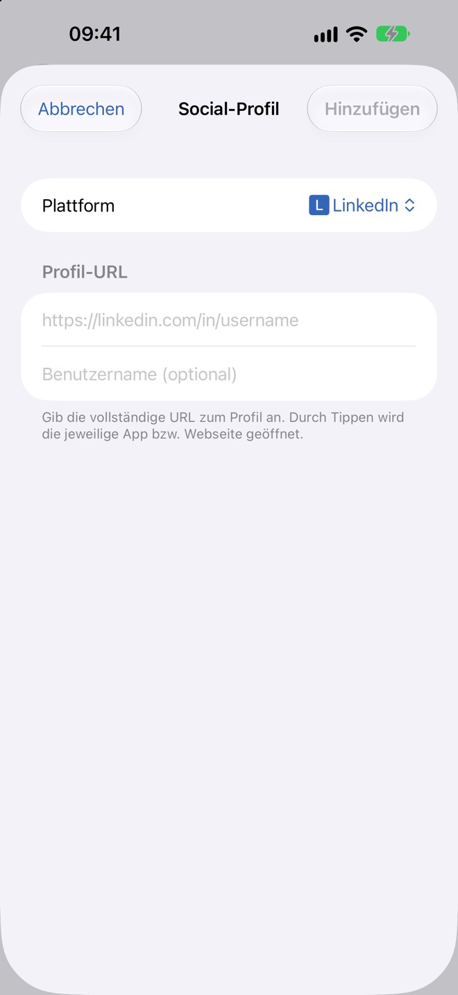 Formular „Social-Profil“ mit Plattform, Profil-URL und Benutzername