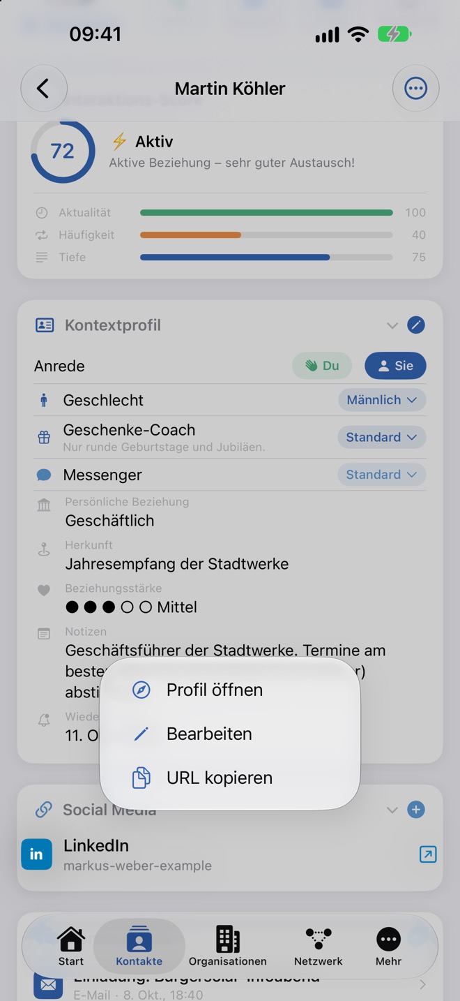 Kontextmenü eines Social-Profils mit Öffnen, Bearbeiten und URL kopieren