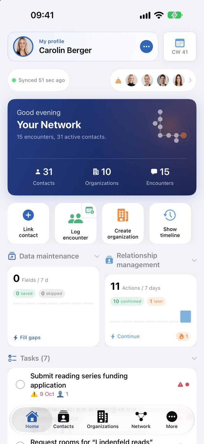 Parte superior: Mi perfil, saludo, acciones rápidas, cifras clave y tareas.