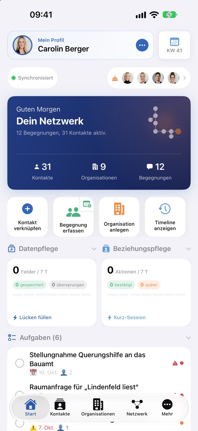 Oberer Teil: Mein Profil, Begrüßung, Schnellaktionen, Kennzahlen und Aufgaben.