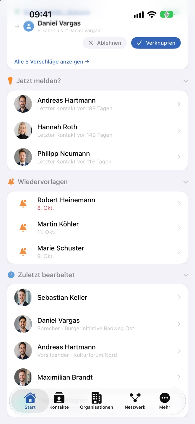 „Jetzt melden?“, Wiedervorlagen und „Zuletzt bearbeitet“.