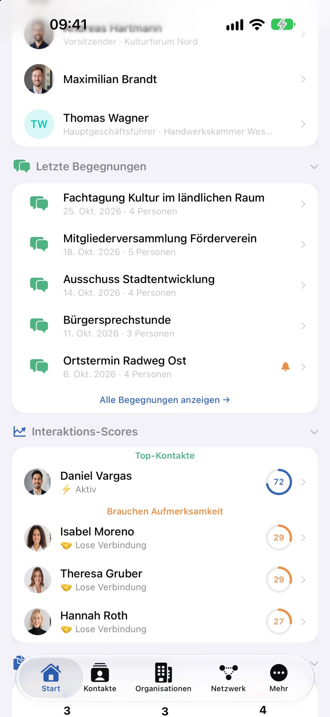 Letzte Begegnungen und Interaktions-Scores weiter unten auf der Startseite.