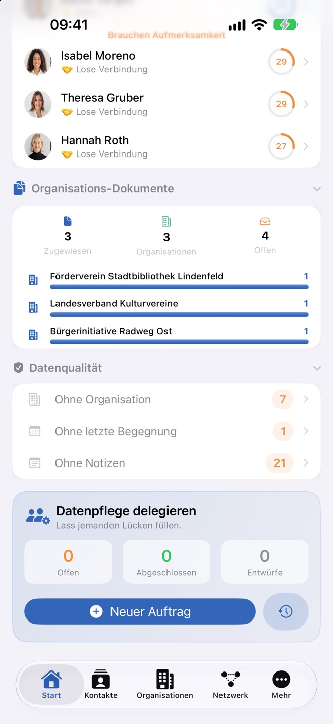 Die Kachel „Datenqualität“ auf der Startseite, darunter „Datenpflege delegieren“.