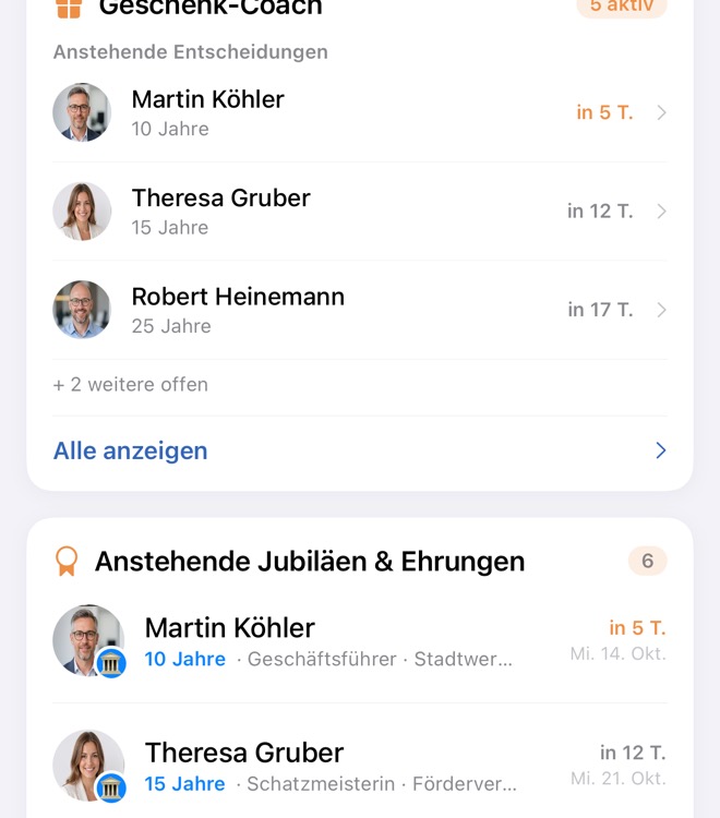 Geschenk-Coach mit anstehenden Entscheidungen und die anstehenden Jubiläen & Ehrungen.