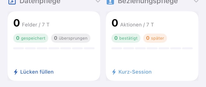 Die Kacheln „Datenpflege“ und „Beziehungspflege“ mit den Zahlen der letzten sieben Tage.