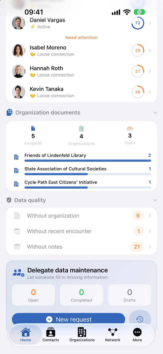 Documentos de organización con contadores y barras; debajo, la calidad de datos.