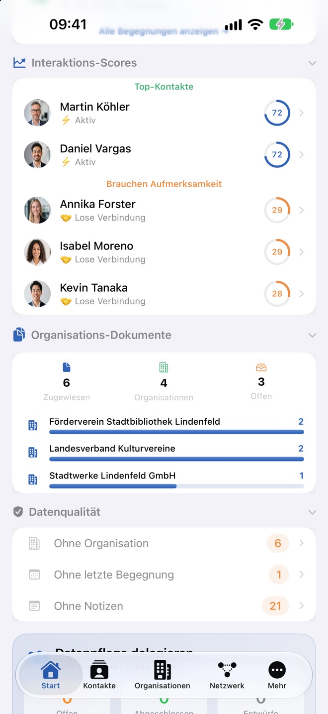 Organisations-Dokumente mit Zählern und Balken, darunter die Datenqualität.