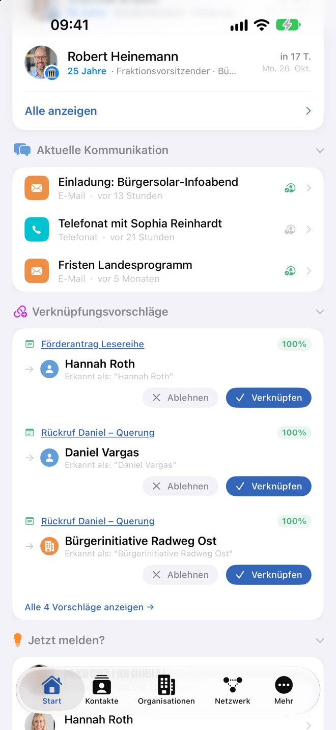 Vorschläge mit Trefferquote und den Knöpfen „Ablehnen“ und „Verknüpfen“.