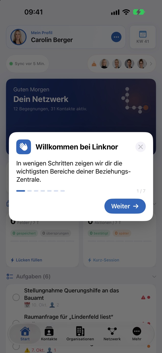 Schritt 1 von 7: „Willkommen bei Linknor“ auf dem Tab „Start“.