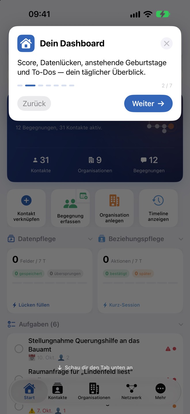 Schritt 2: „Dein Dashboard“ erklärt den Tagesüberblick.