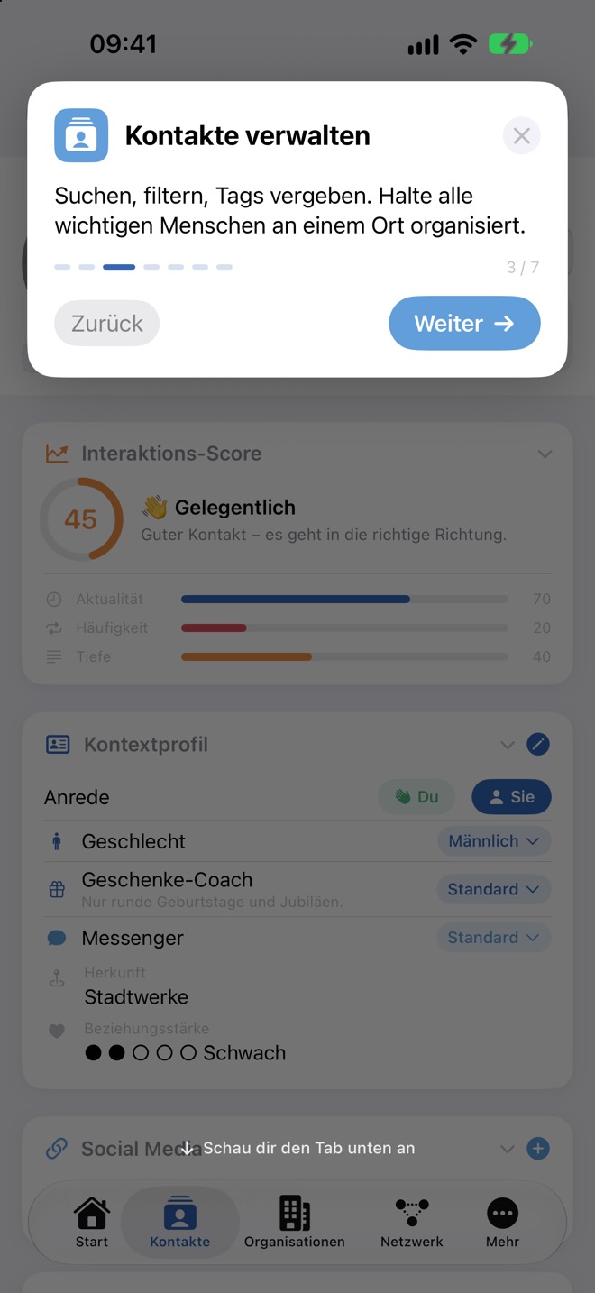 Schritt 3: „Kontakte verwalten“ im Tab „Kontakte“.