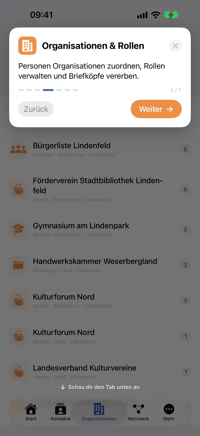 Schritt 4: „Organisationen & Rollen“ im Tab „Organisationen“.