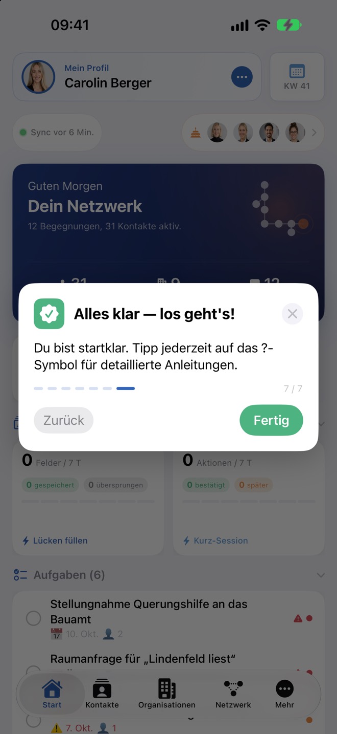 Schritt 7: „Alles klar — los geht's!“ beendet die Tour mit „Fertig“.