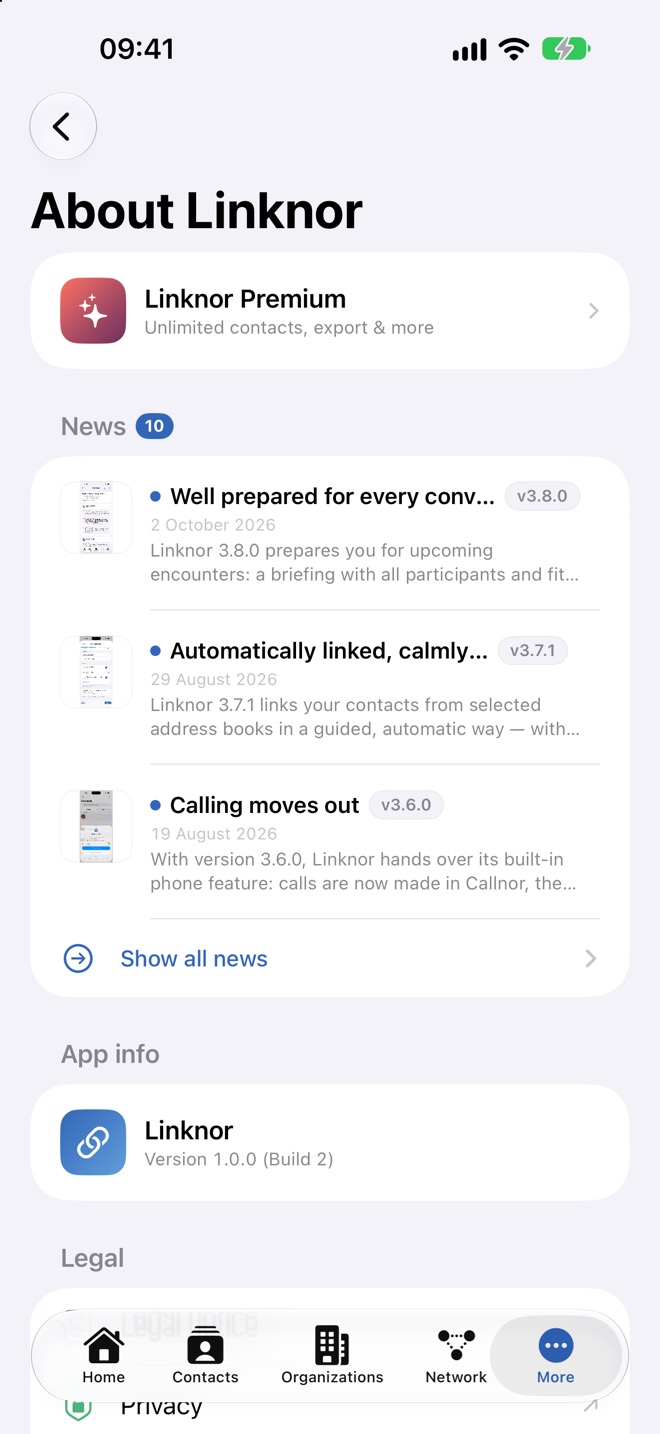 « À propos de Linknor » avec Premium, les actualités et les informations sur l’app.