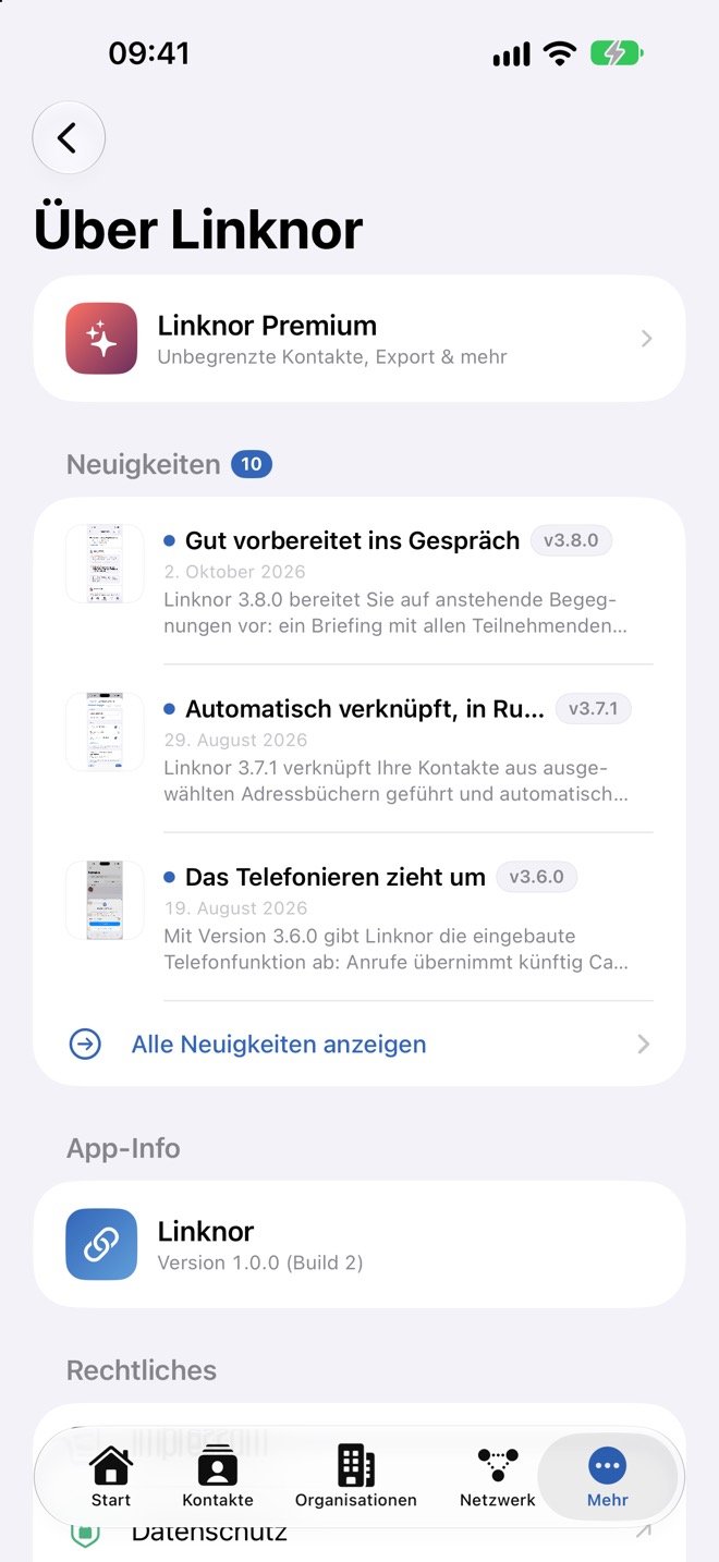 „Über Linknor“ mit Premium, Neuigkeiten und App-Info.