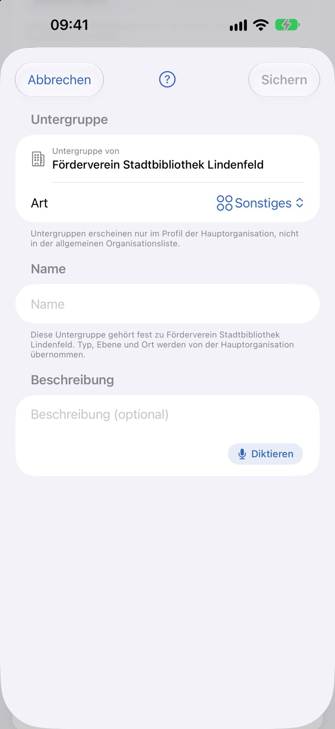 Formular für eine neue Untergruppe mit Hauptorganisation, Art, Name und Beschreibung
