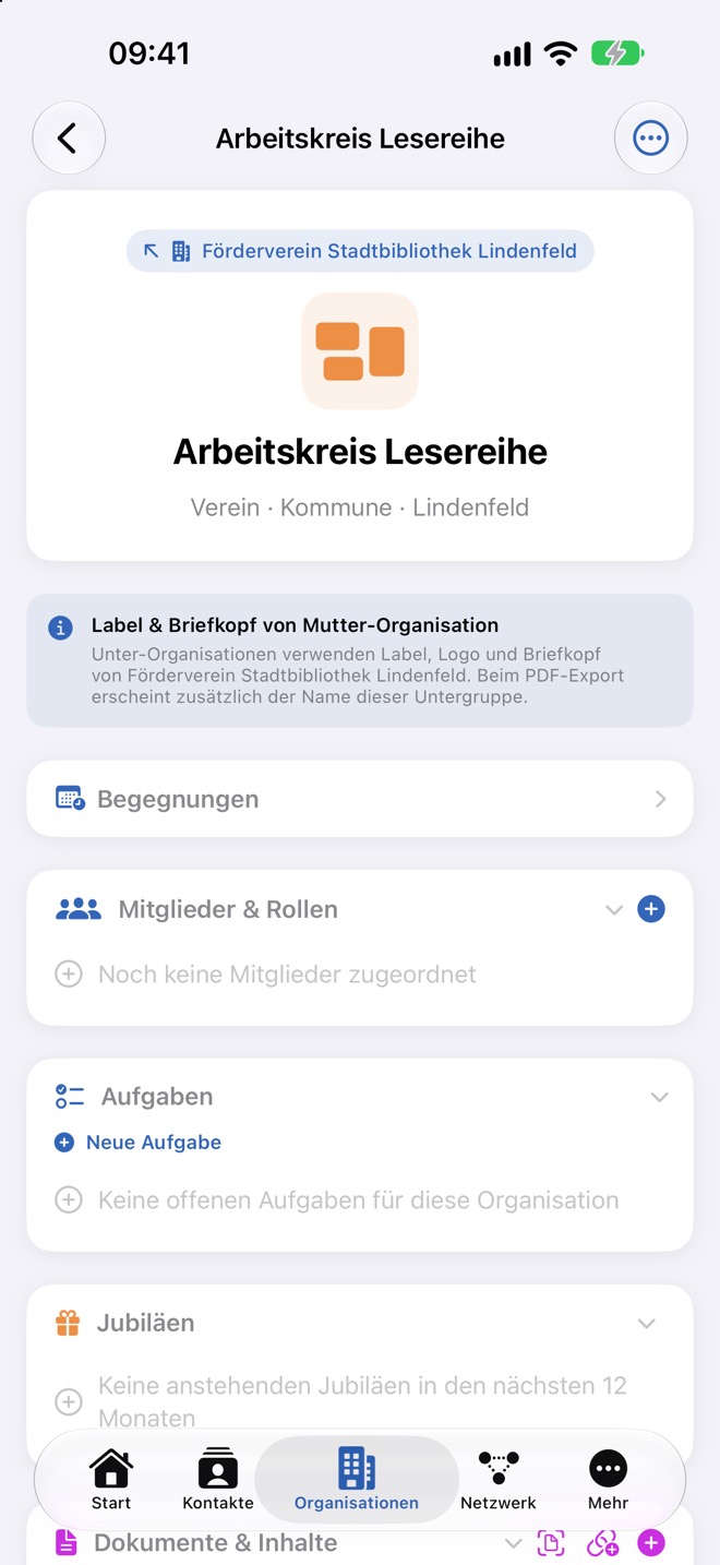 Profil einer Untergruppe mit Rückweg zur Hauptorganisation und Briefkopf-Hinweis