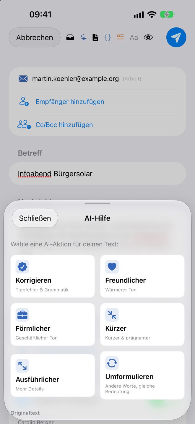 Blatt „AI-Hilfe“ mit den sechs Aktionen für den Text