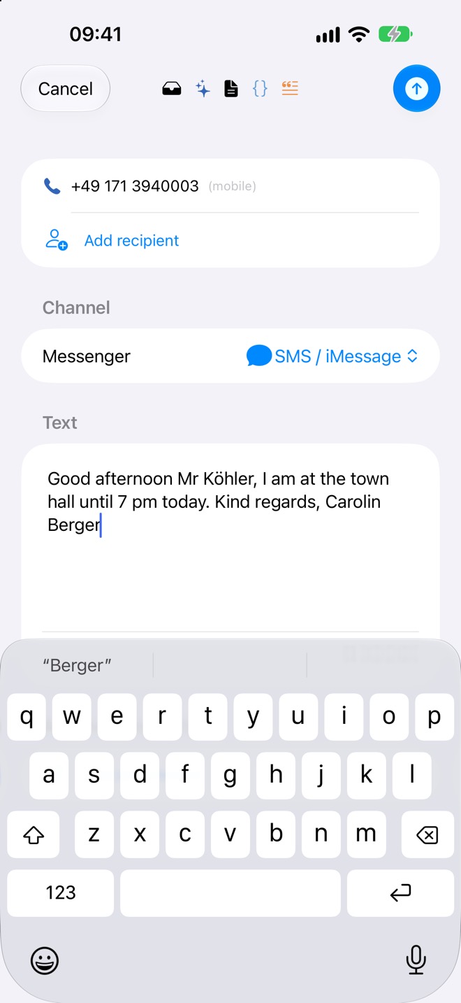 Editor dei messaggi con il numero del destinatario e il canale «SMS / iMessage»