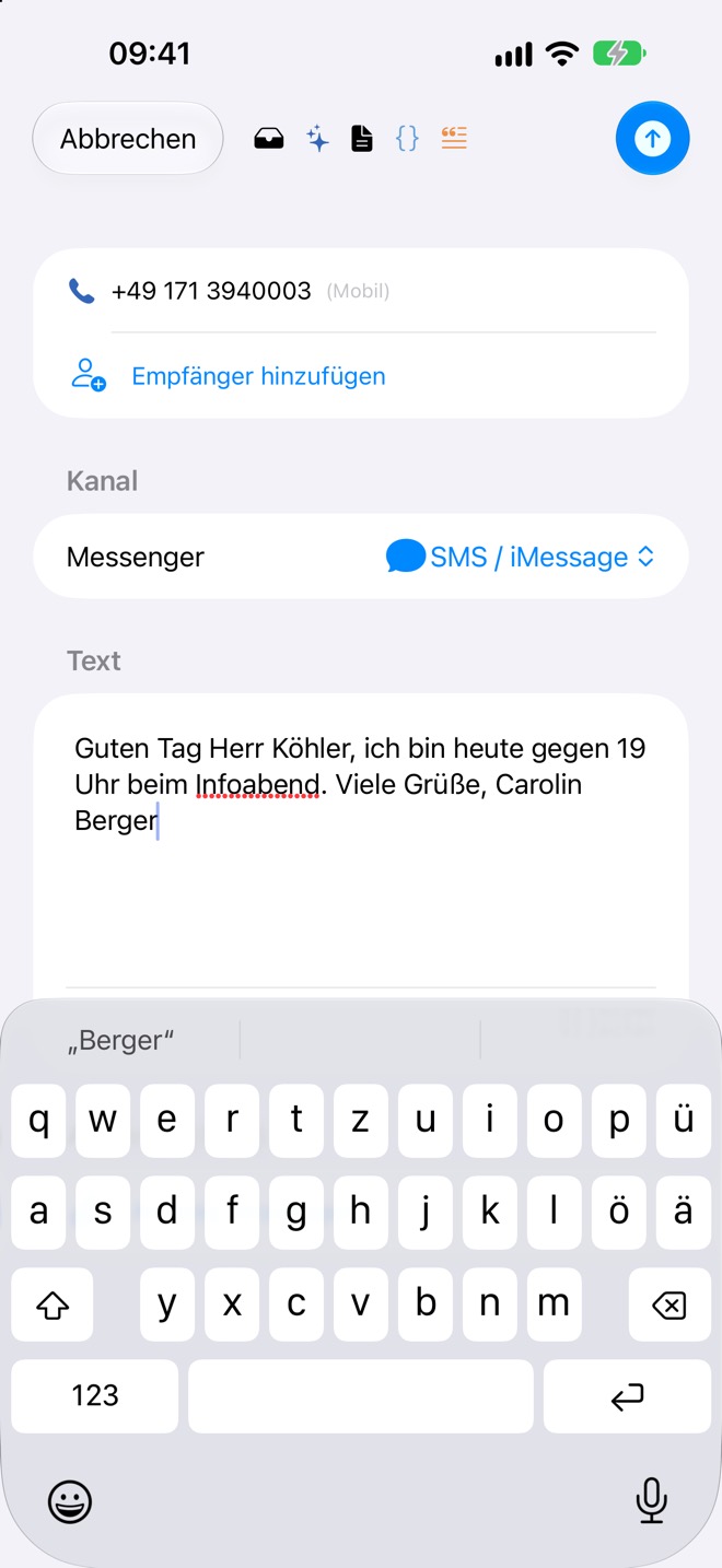 Nachrichten-Verfasser mit Empfängernummer und Kanal „SMS / iMessage“