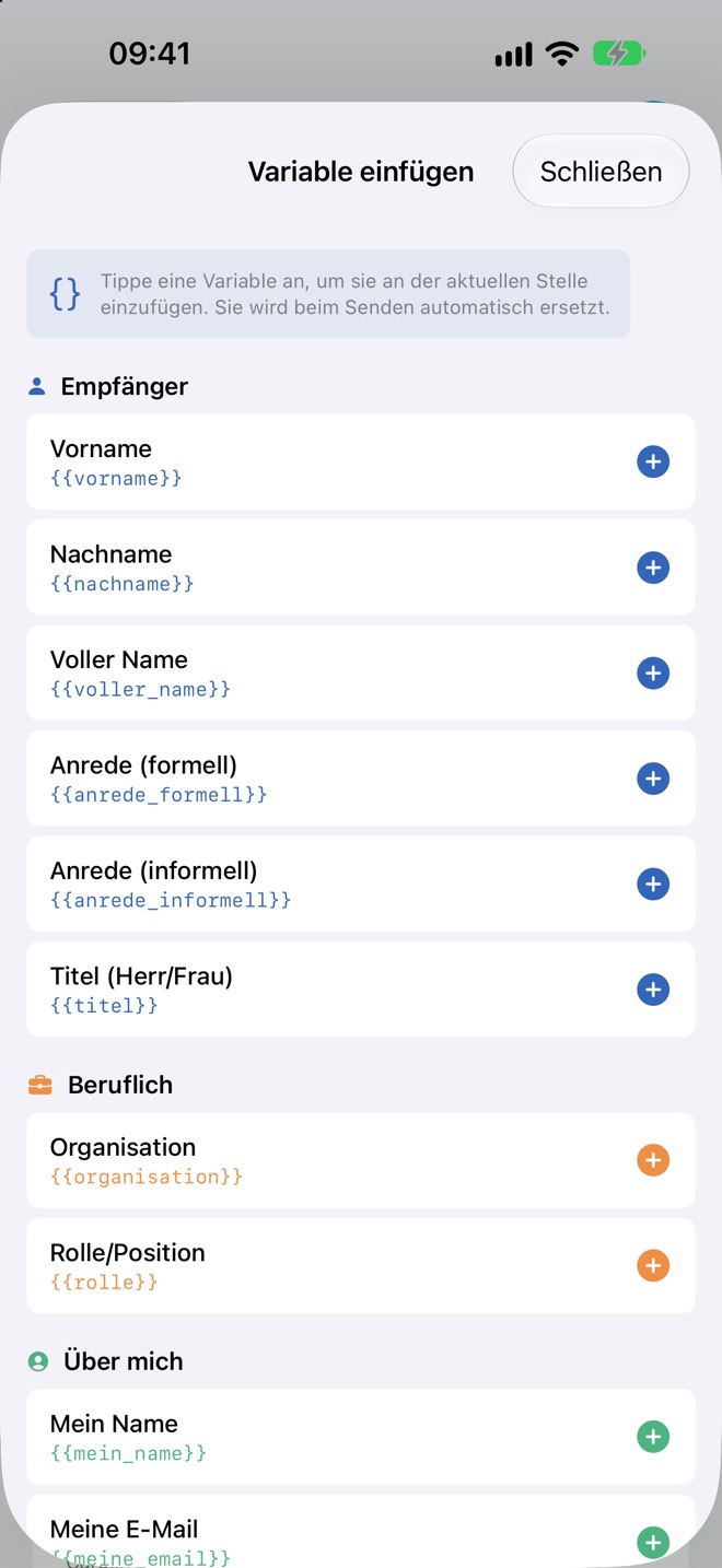 Liste „Variable einfügen“ mit Platzhaltern für Empfänger und Beruf