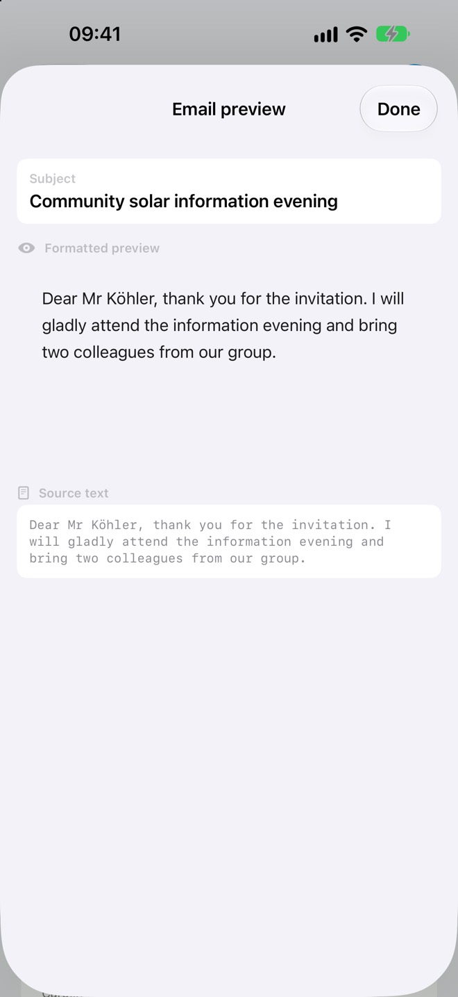 «Anteprima email» con vista formattata e testo sorgente