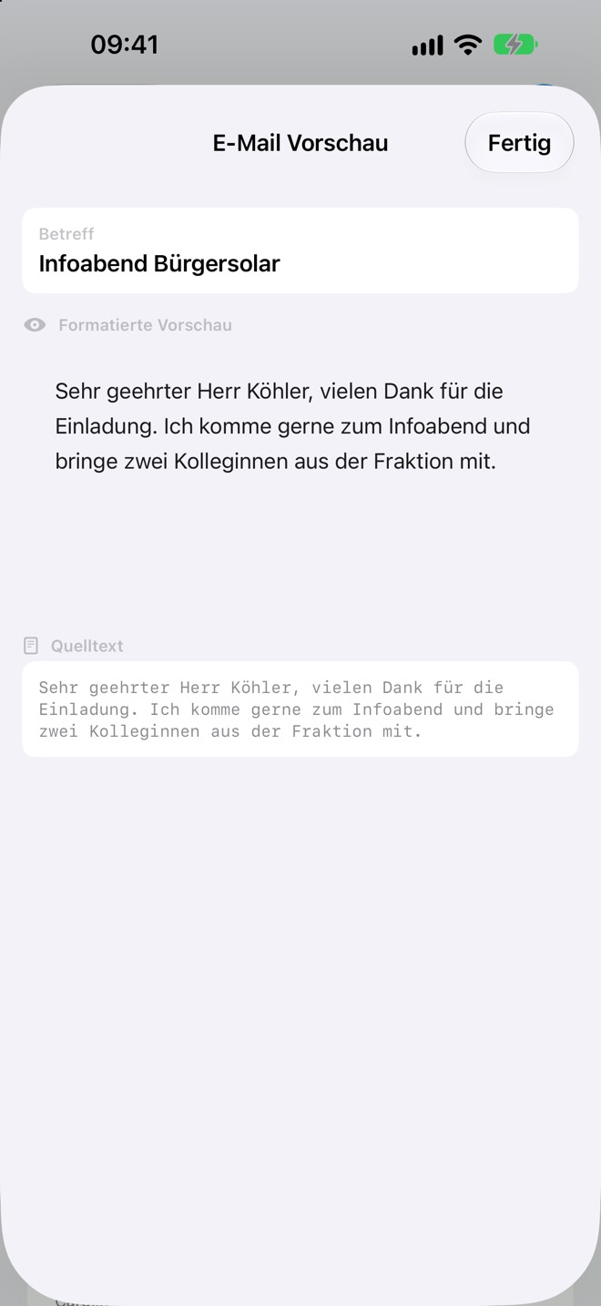 „E-Mail Vorschau“ mit formatierter Ansicht und Quelltext